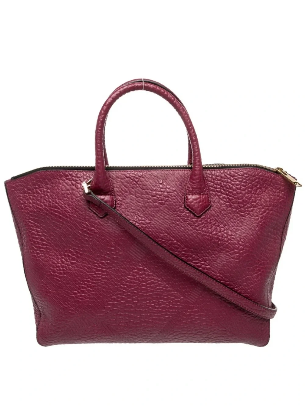 Burberry London Grainy Leather Check Medium Dewsbury Tote Bag Dark Plum NWOT